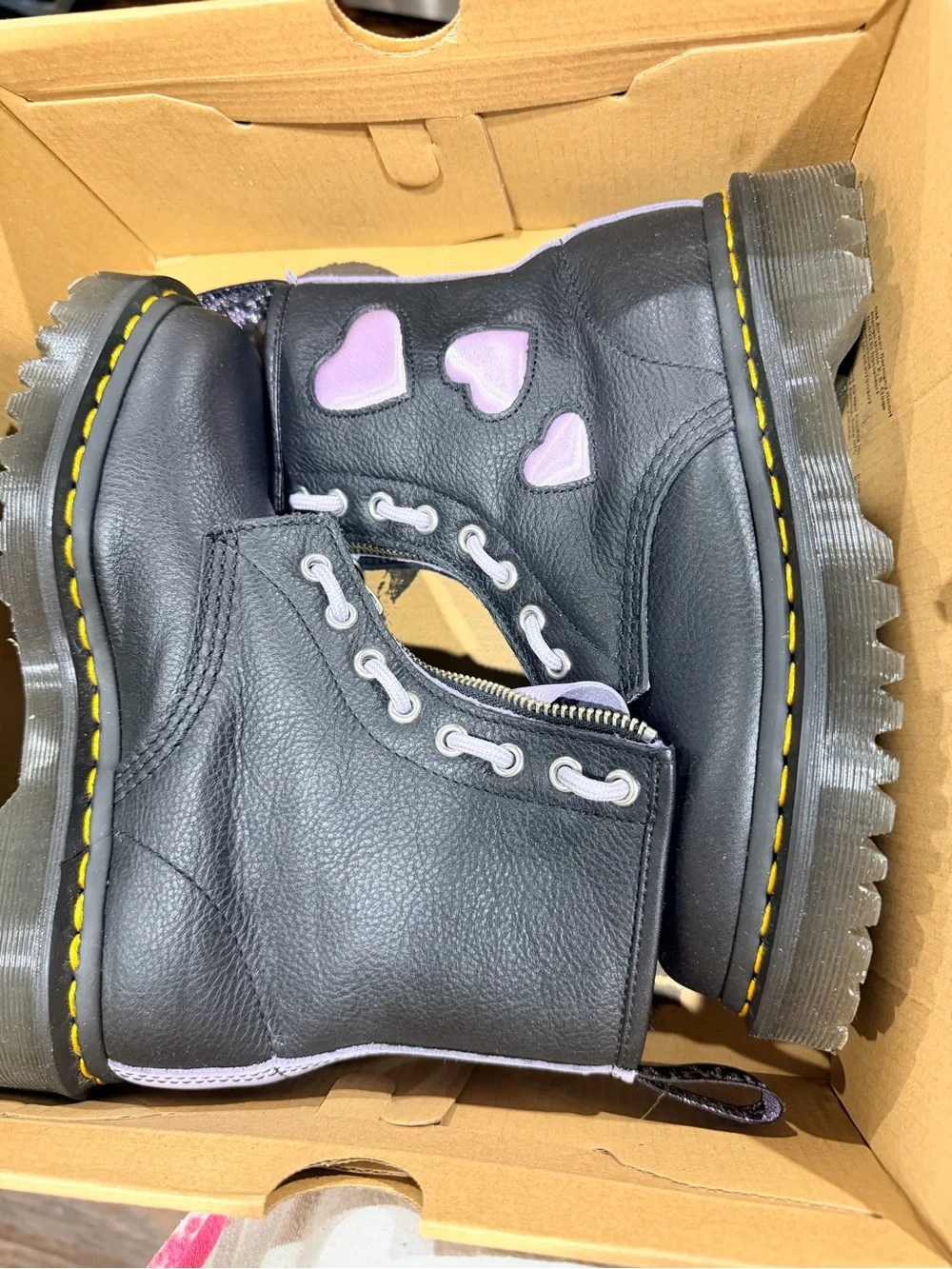 Dr. Martens Black Leather Kids Boots with Pink Heart Details